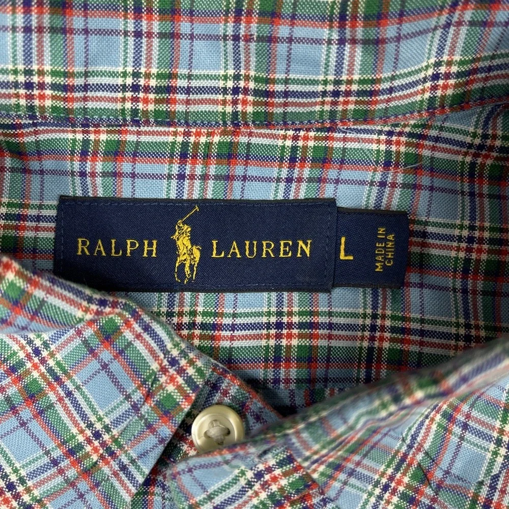 Ralph Lauren Shirt Men Large Blue‎ Multicolored Plaid Long Sleeve Cotton Preppy